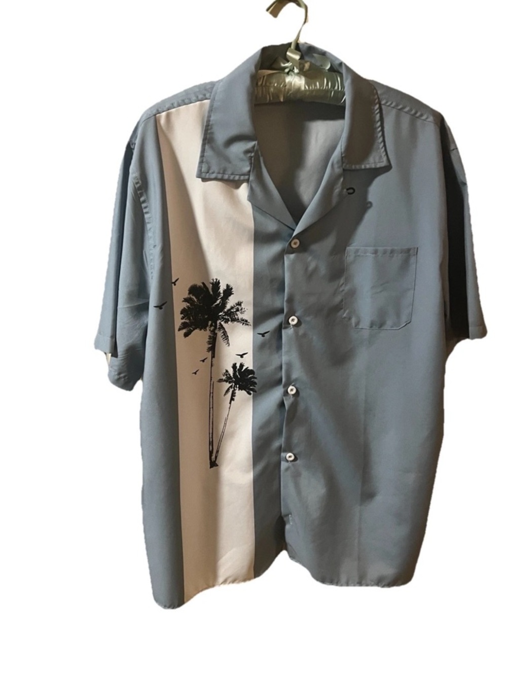 Men's  XL Short-Sleeve Camp Shirt with Palm Print - Blue/White